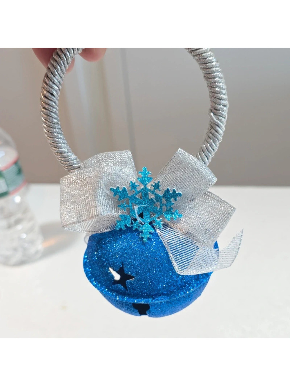 Blue Glitter Jingle Bell Hair Tie with Silver Bow and Snowflake Accent